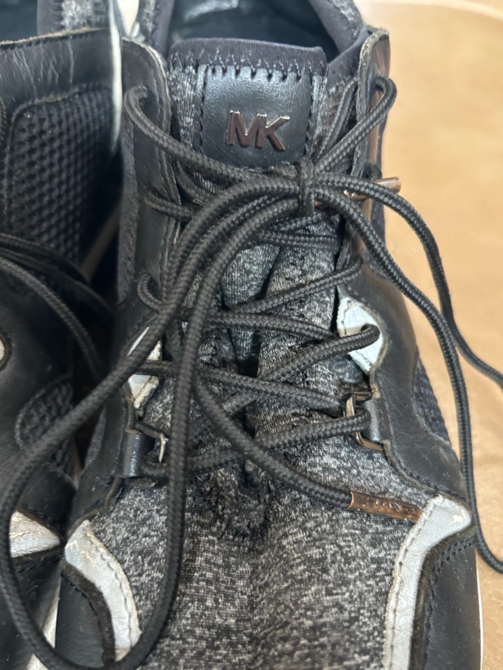 Michael Kors Black and Gray Knit Leather Lace-Up bold statement Sneakers - Picture 4 of 9
